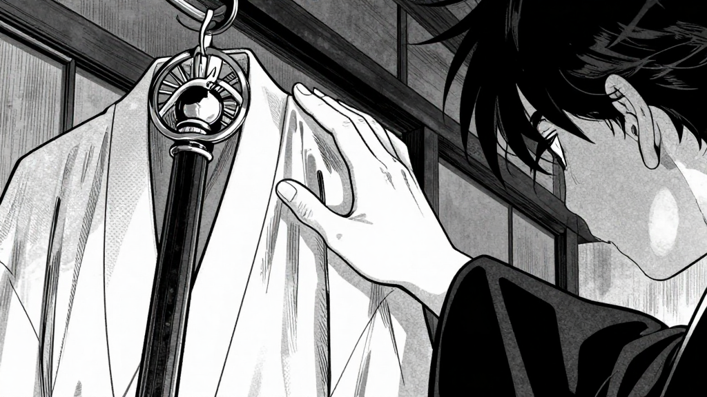 Kaito’s hand reaches toward the empty space where his daisho once hung. He closes it in shame.