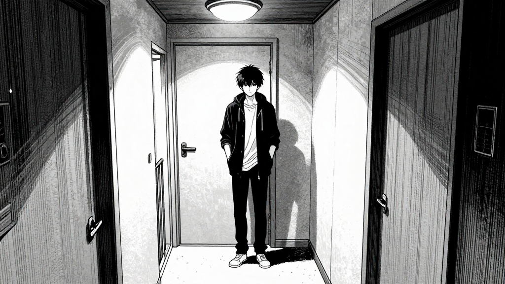 Kaito stands in the cramped tenement. The room feels suffocating.