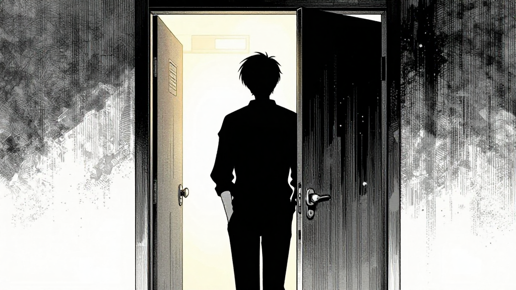The door slides open. Yuki’s silhouette appears in the doorway.