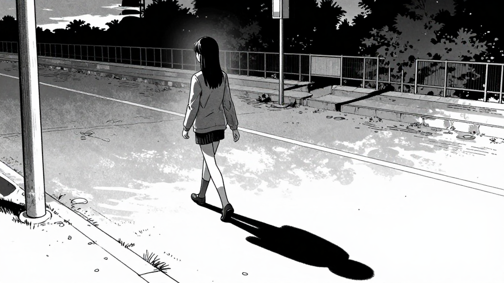 Elena walks away from the agency, her shadow stretching long in the dim light.