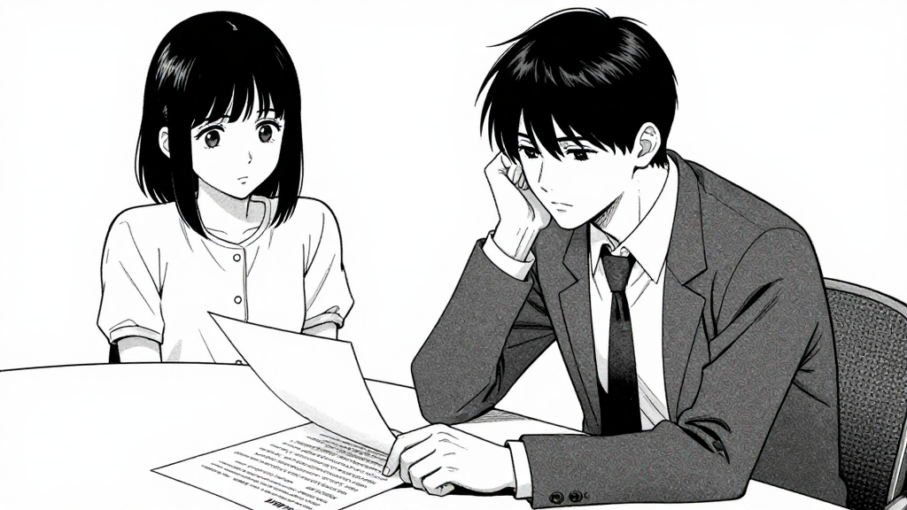 Arthur slides a contract across the table, Eleanor hesitates, eyes on the contract.