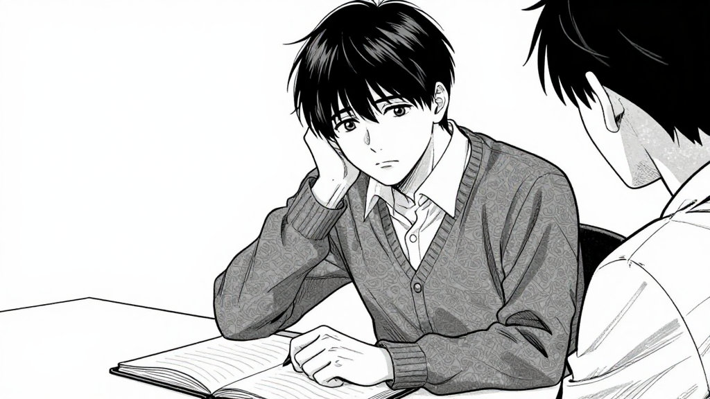 Arthur speaks, Eleanor listens with a faint frown, sketchbook open on the table.