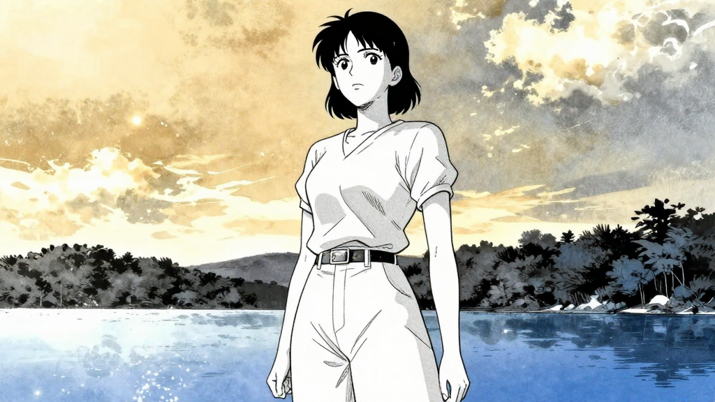 Elena stands tall, the lake beneath her.