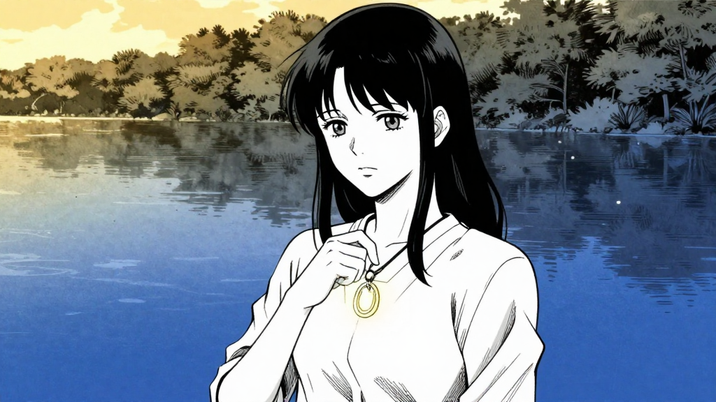 Elena touches the pendant, it glows, the lake is now visible.