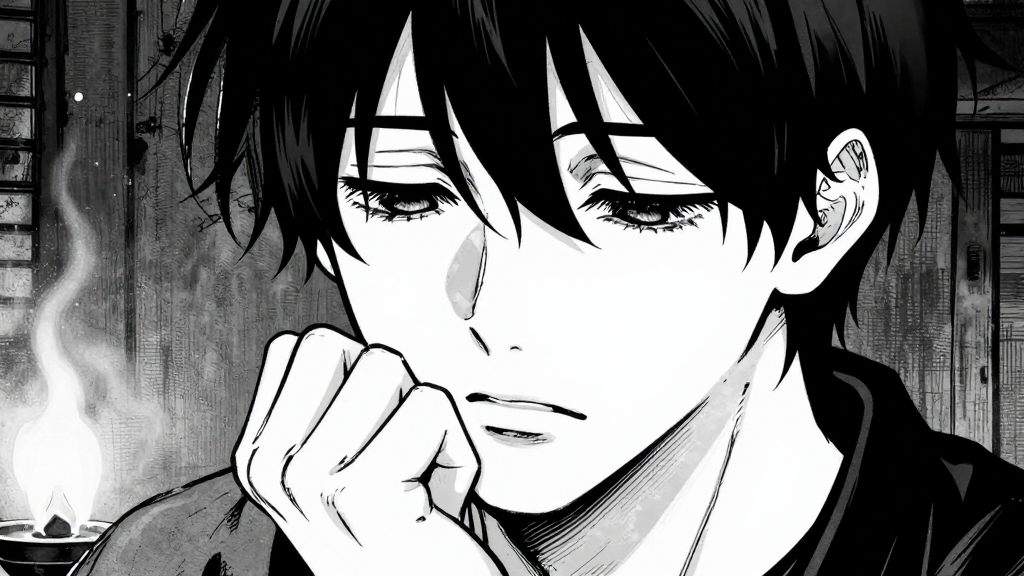 Min-ho’s face, eyes downcast, jaw tight, rubbing thumb on knuckles.