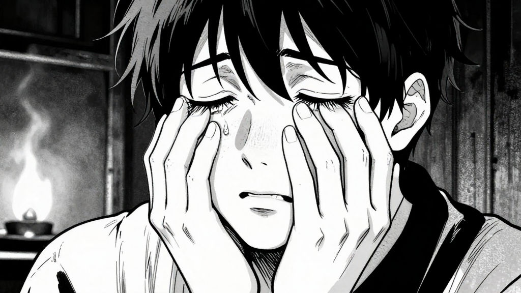 Min-ho’s hands shaking, eyes closed, tears forming.