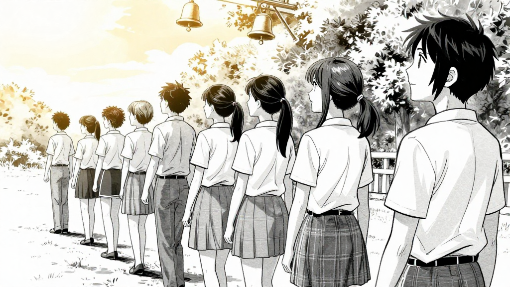 The group steps into sunlight, bells ringing in the distance.