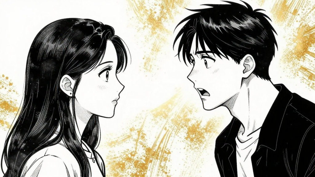 Lin Fei and Zhao Han face off, her expression calm, his frozen in shock.