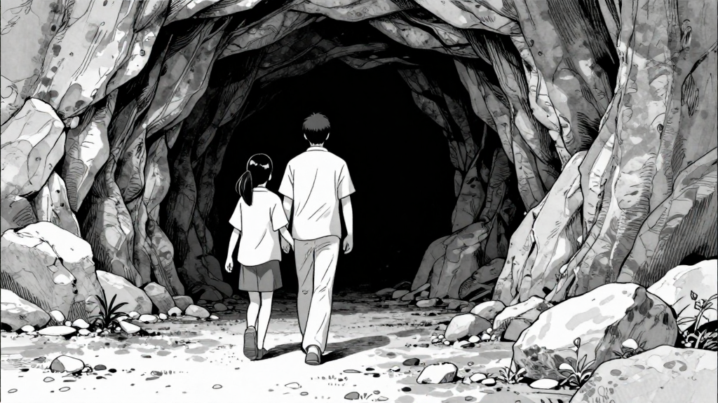 Yue Qing helps Jin Wei up as they step toward the cave’s exit.