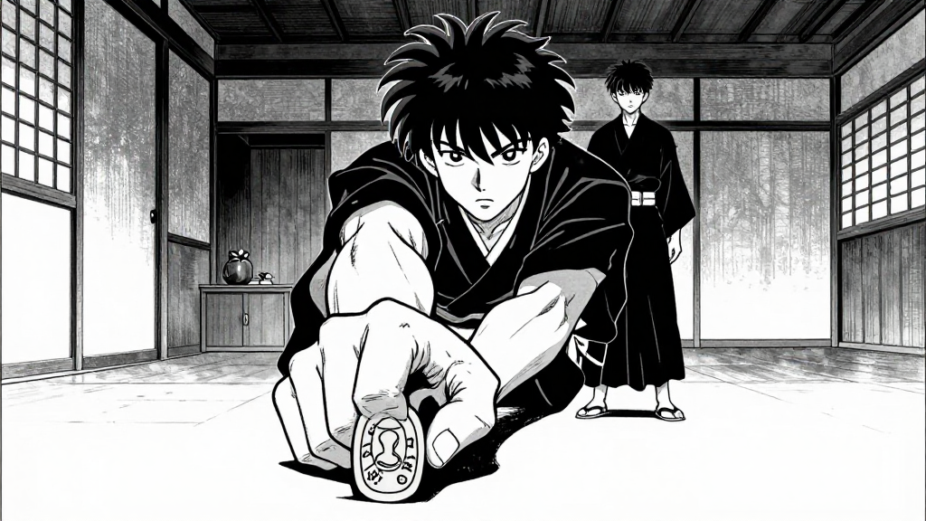 Kenshin’s hand gripping the seal, the room charged with tension as Sato stands behind him.