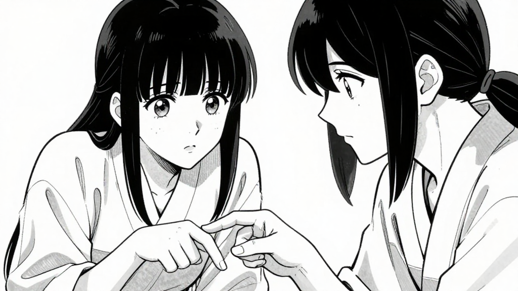 Yuki leans forward, pointing at the seal, while Kenshin listens intently.