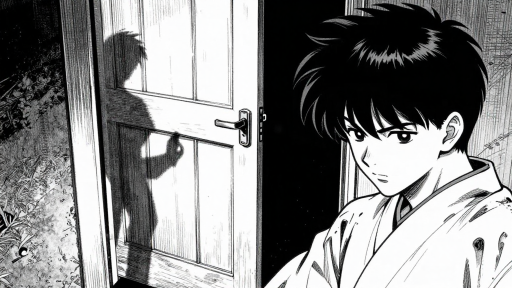 Kenshin’s POV of the door, shadows creeping in as the door creaks open.