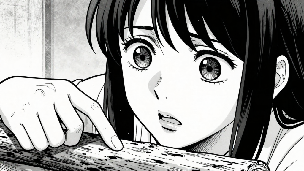 Close-up of Amara's trembling hand as she points at the log, eyes wide with fear.