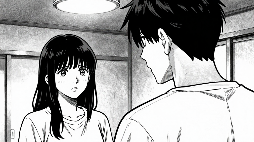 Over-the-shoulder shot of Marcus speaking to Amara, who stares at him with a mix of anger and despair.