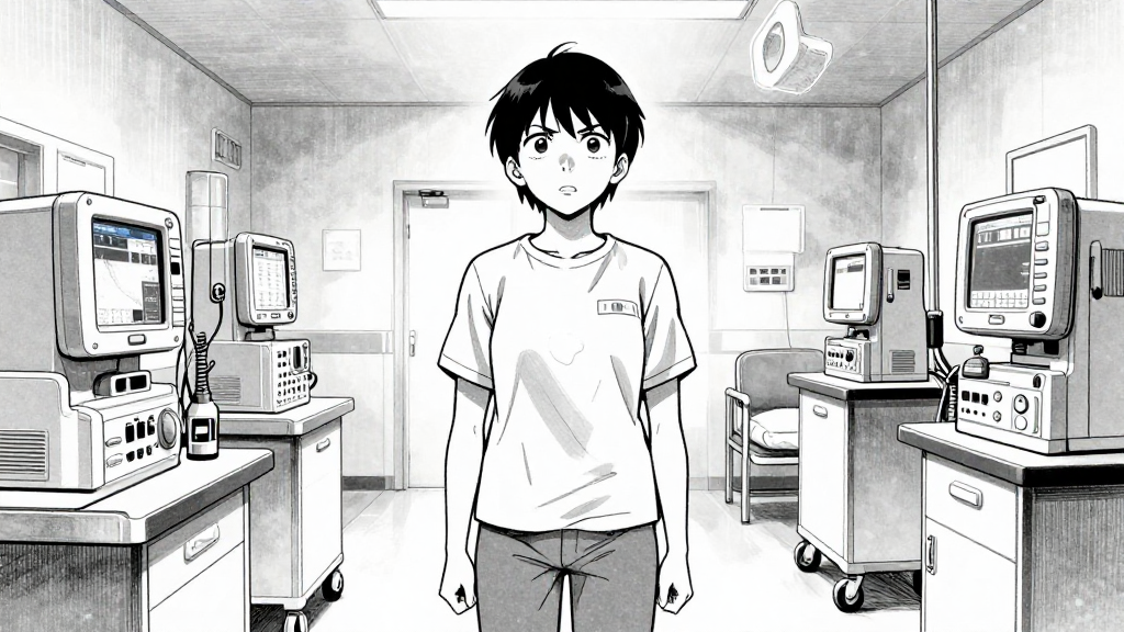 Wide shot of Amara standing in the middle of the ICU, staring at the machines, eyes wide with realization.