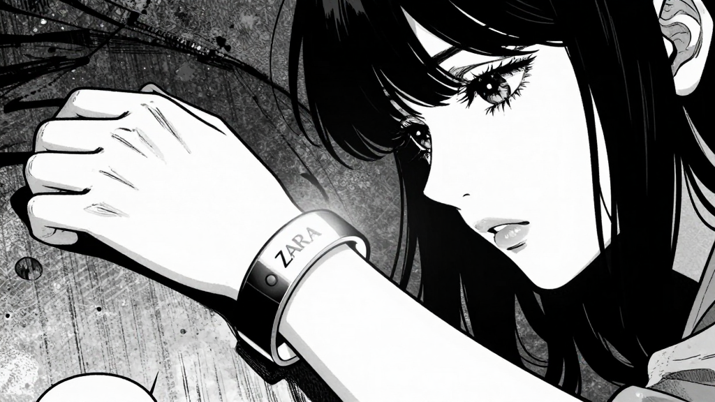 Close-up of Zara’s medical bracelet catching the light. Amara stares at it, face in shadow.