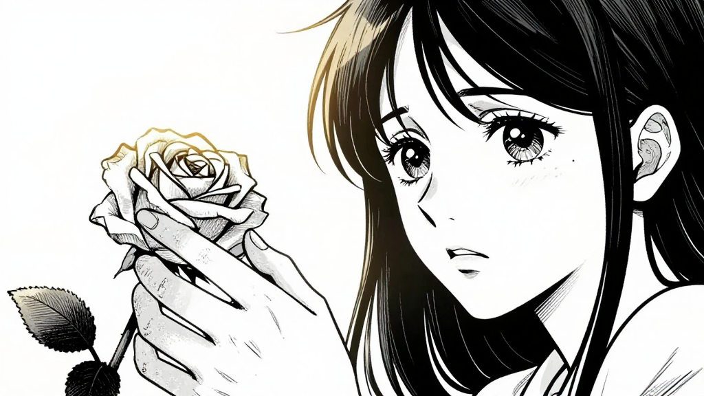 Elena's hand reaches for a scentless rose, her expression conflicted.
