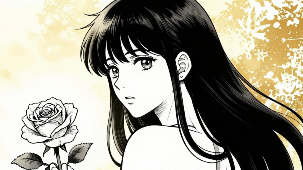 Elena steps back from the rose, expression resolute.