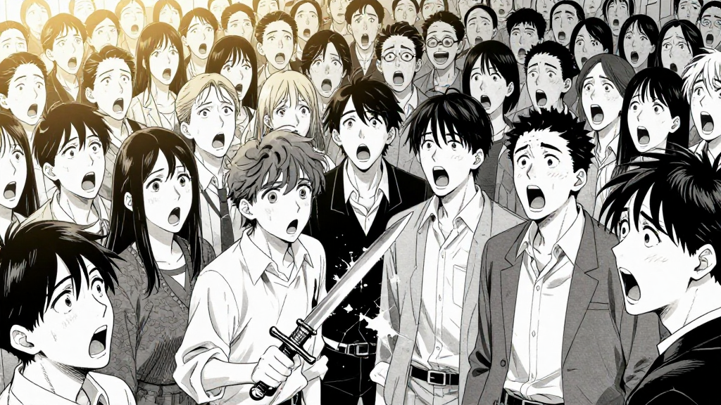 The crowd gasps in unison, staring at the broken blade and defeated Kaelen.