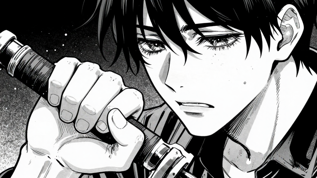 Kaelen’s hands grip the broken hilt, his face contorted with pain.