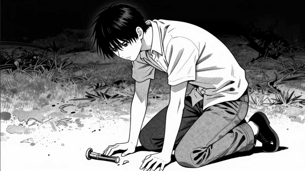 Kaelen kneels on the ground, staring at the broken hilt, defeated.