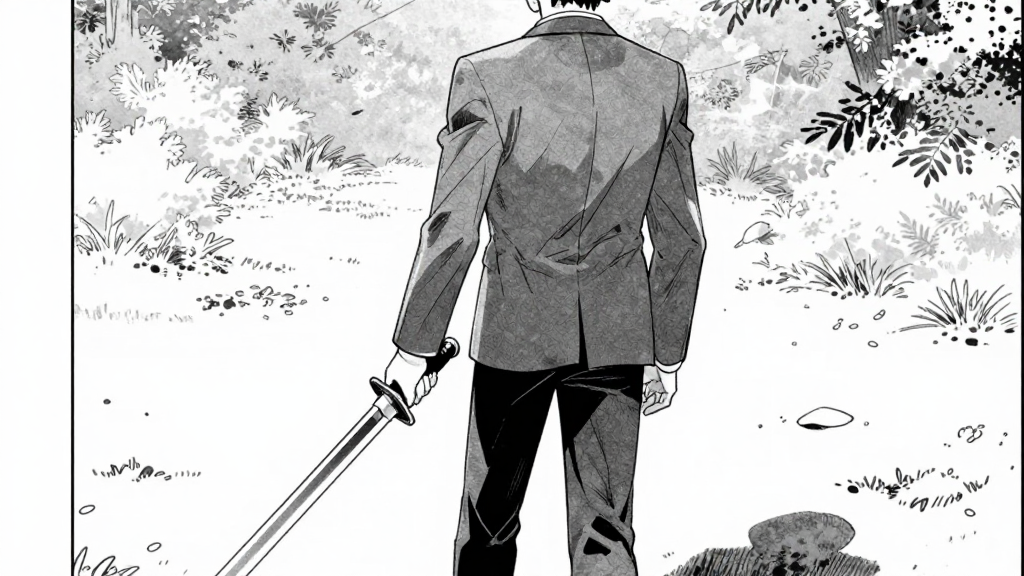 Kenji walks away, his hand still on the sword hilt.