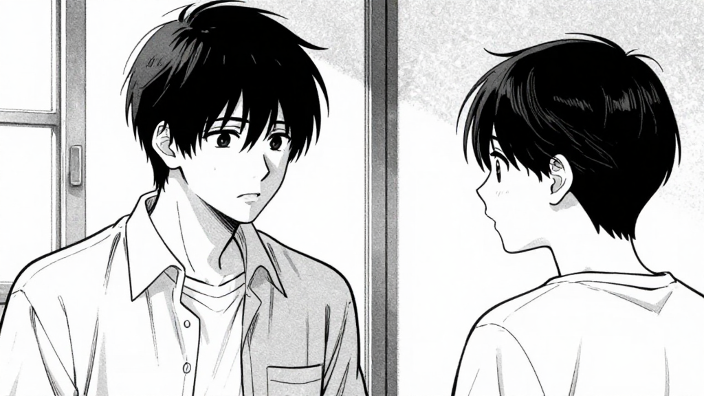 Emi and Kenji face each other, dialogue exchanged.