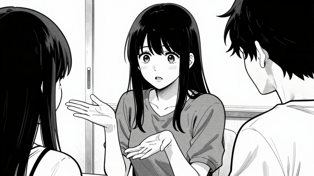 Emi gestures with open palms, Kenji watches.