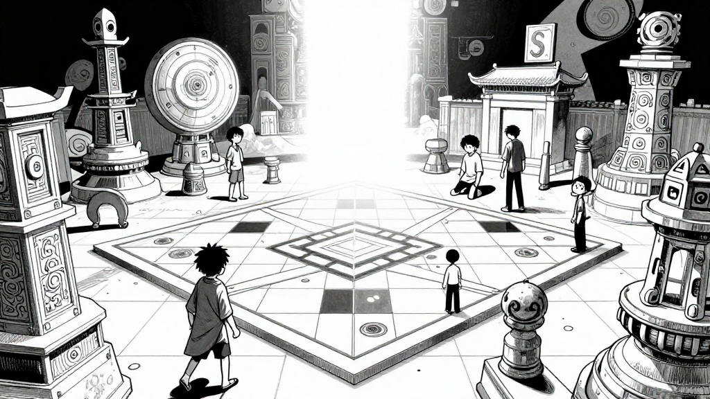 The Liubo Game Space materializes—time-warping, surreal, with ancient and modern elements blending.