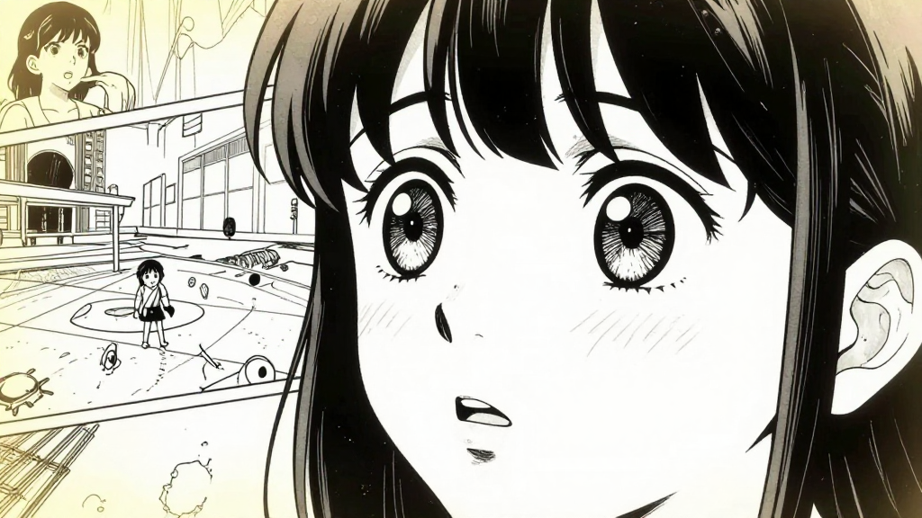 Maya’s face, eyes wide with realization, staring at the game space as it shifts between past and present.