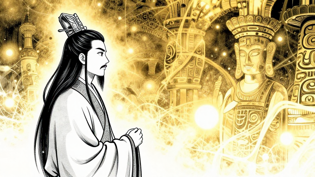 Qin Shihuang’s avatar stands still, watching Maya, as the game space flickers with ancient light.