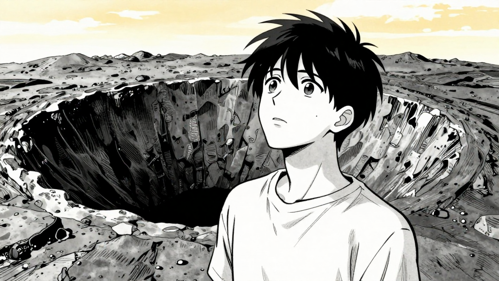 Silas looks up at the crater, his expression unreadable.
