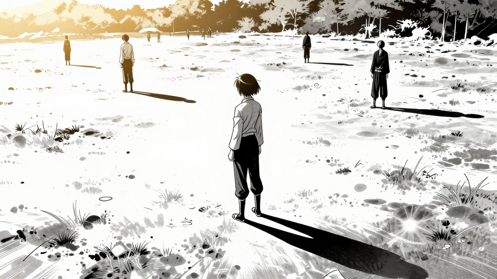 Kaori stands alone, facing Kurogane, the battlefield unchanged around her.