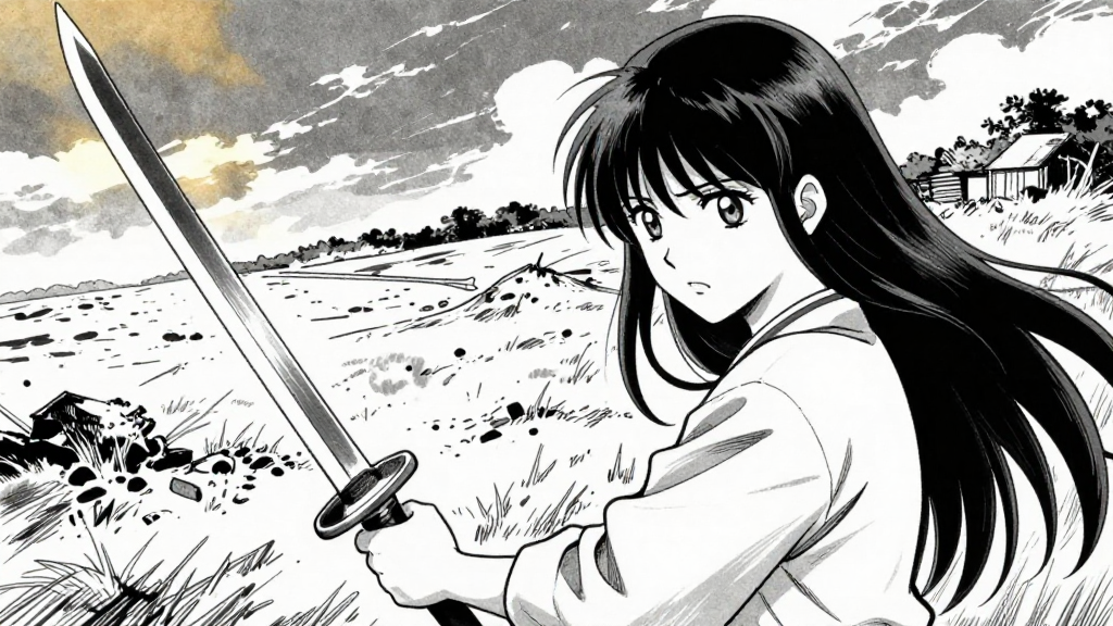 Kaori looks at Kurogane’s sword, her face conflicted, the battlefield around her.