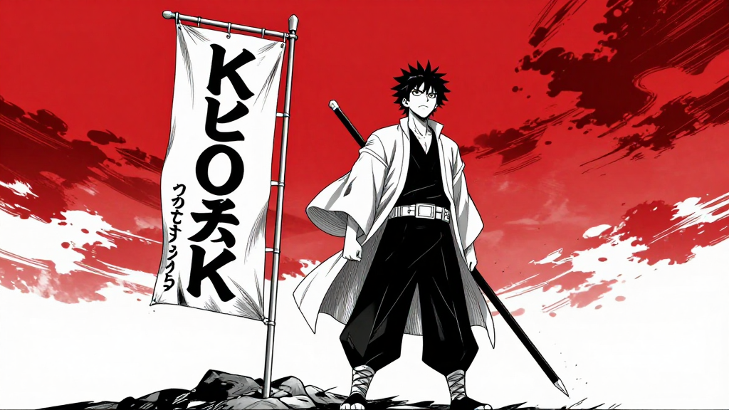 Kurogane stands tall, his banner snapping in the wind as he speaks.