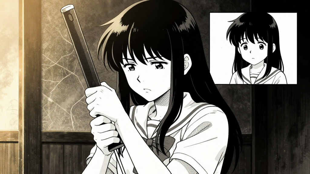 Kaori clutches Akari’s hilt, eyes conflicted, as a flashback inset shows her as a child.
