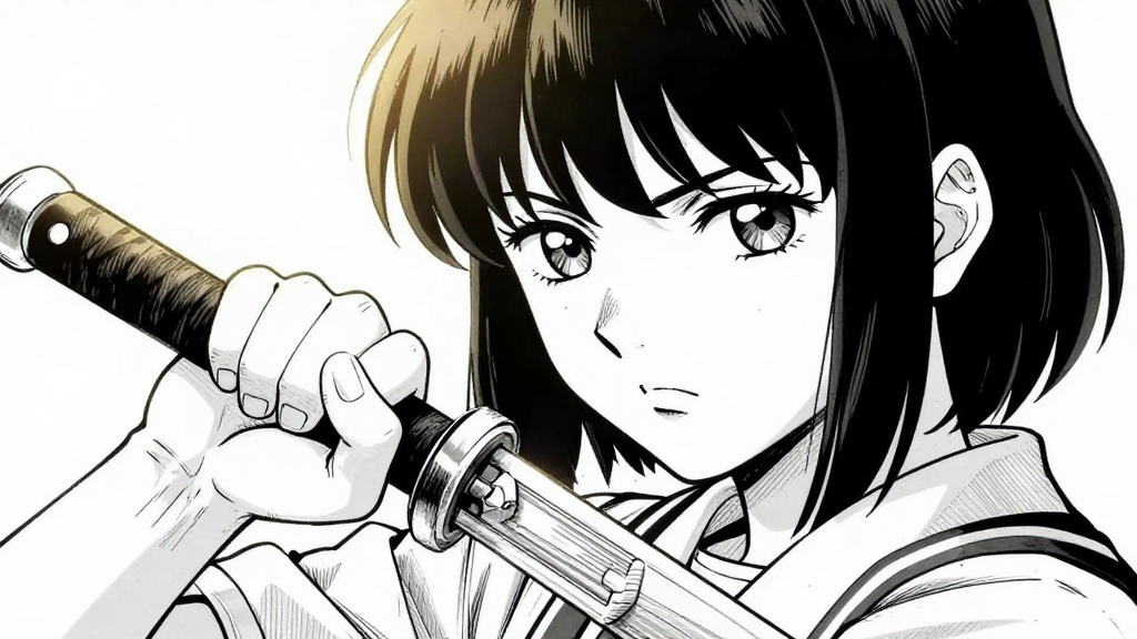 Kaori grips Akari’s hilt tightly, her face determined and resolute.