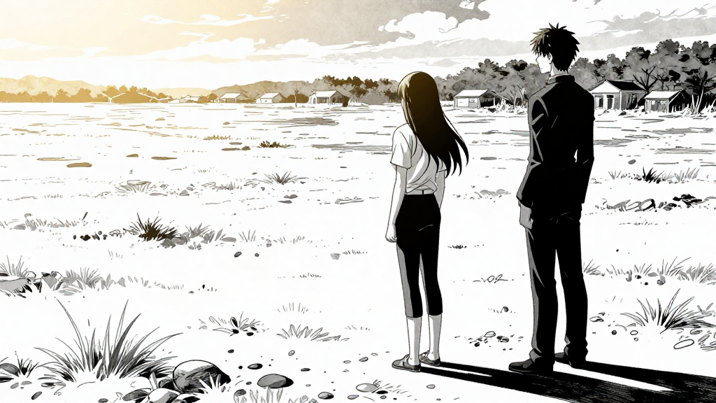 Kaori stands tall, facing Kurogane, as the battlefield remains unchanged.