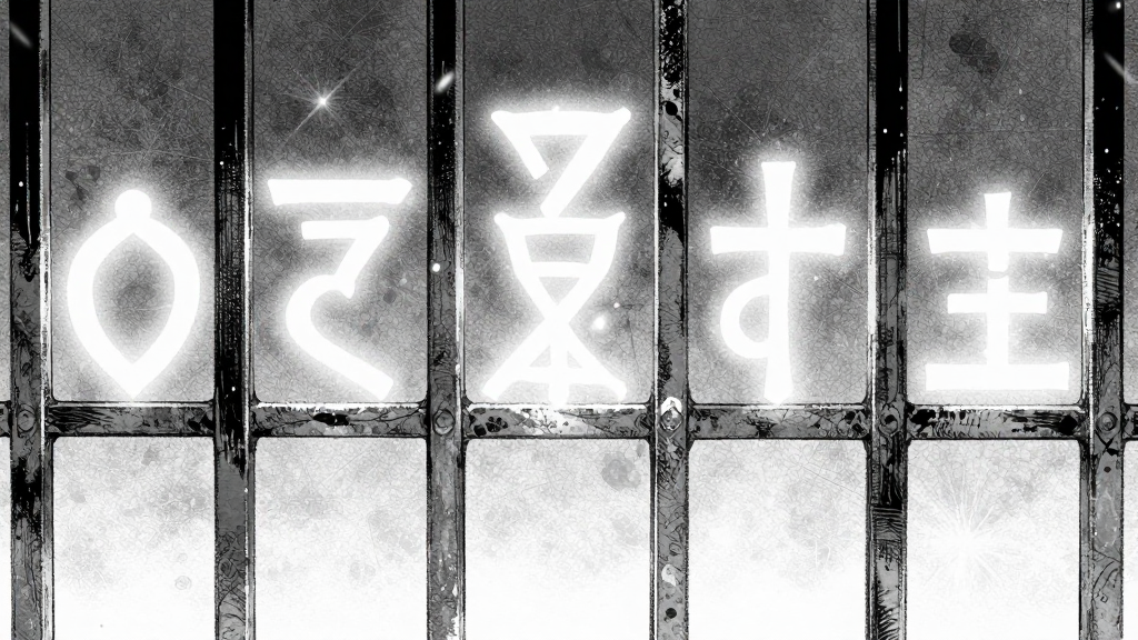 Frozen condensation forms protective symbols on the iron gate, glowing faintly with ancient power.