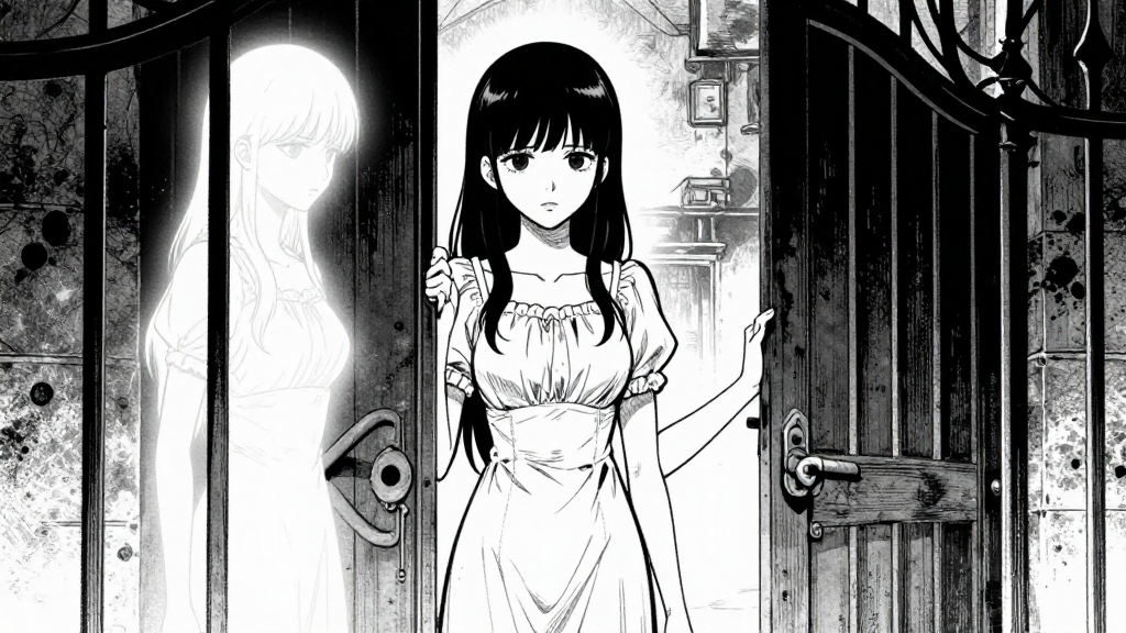 Clara stands at the gate, spectral Mercy’s form partially visible as a pale glow. Clara hesitates.