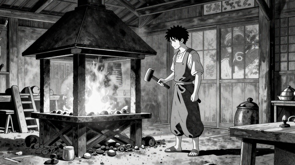 Kenji stands alone in the forge, the hammer in his hand, the forge silent.