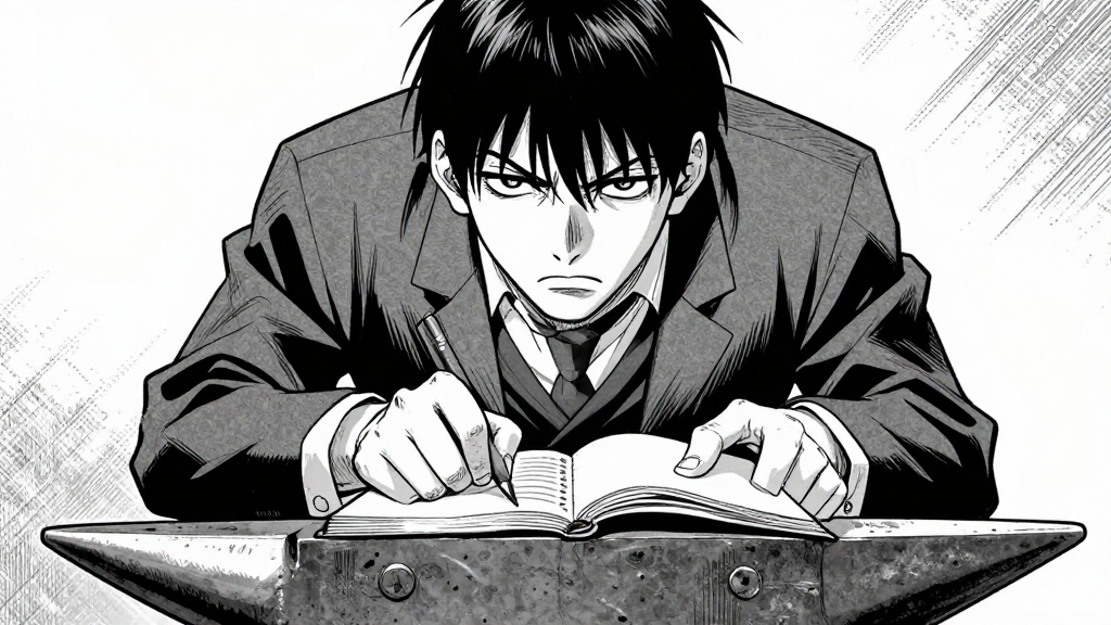 Tanaka-san slams the ledger on the anvil, face stern and unyielding.