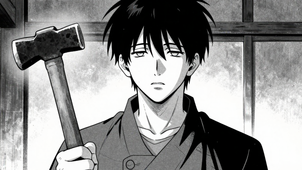Kenji holds the hammer, standing alone in the forge, eyes empty.