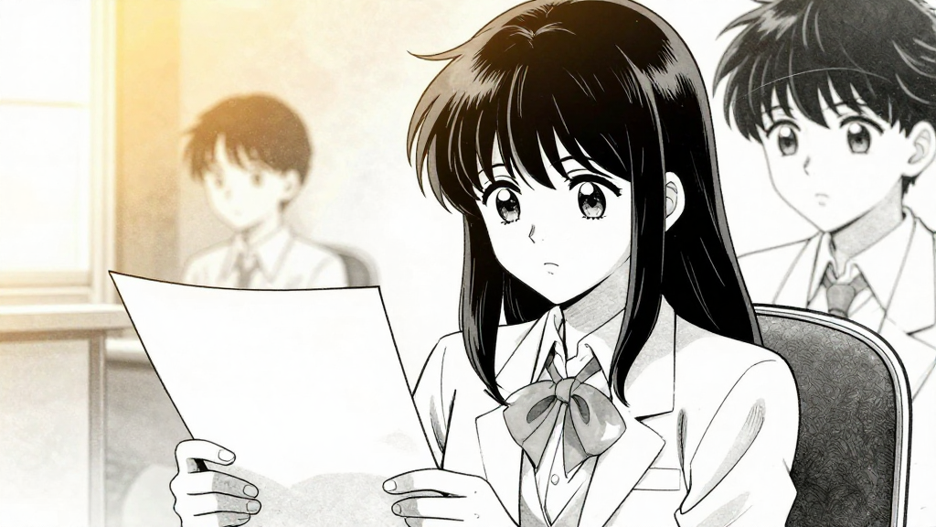 Dawn light touches the promotion papers, Yuki stirs fully in the background.