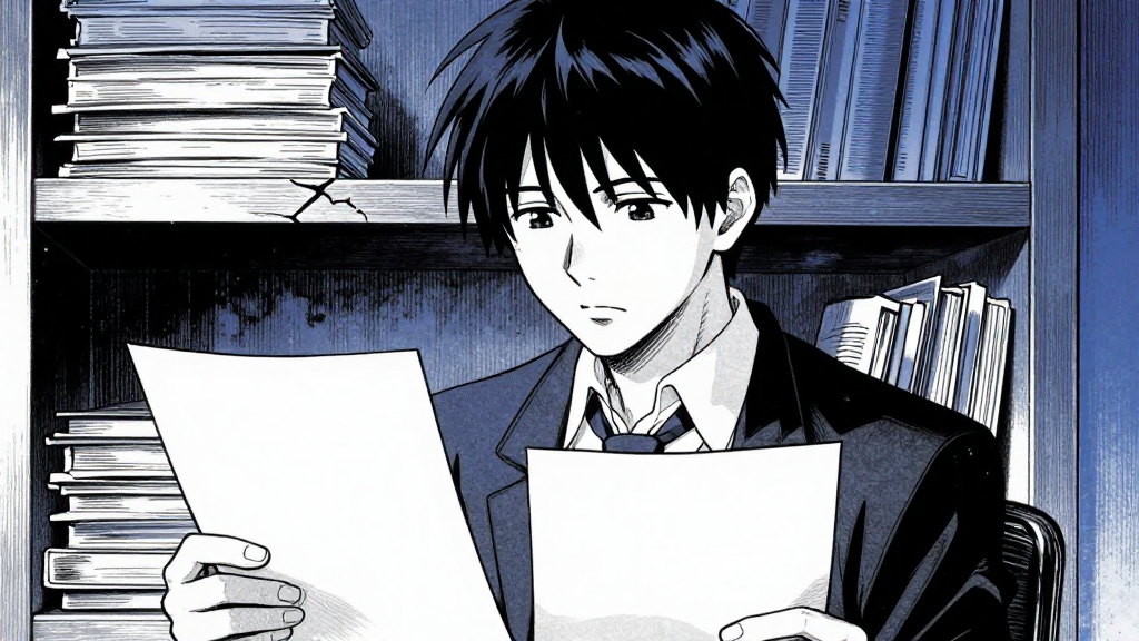 Kaito sits with papers, the cracked ancestor shelf in the background.