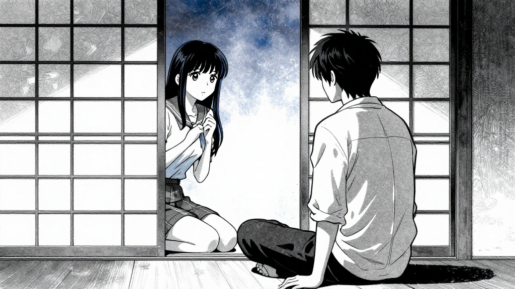 Kaito sits still, Yuki stirs slightly behind the paper screen.