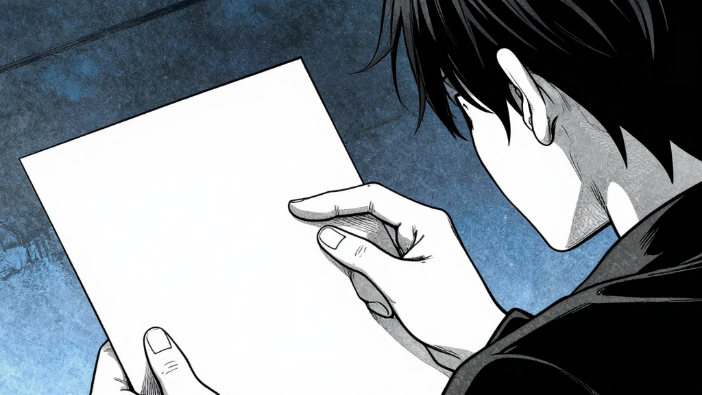 Kaito’s hand touches the paper, a soft rustle is heard.