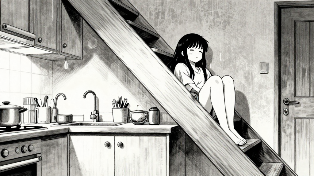 A wide shot of the kitchen and Sigrún upstairs, both silent and exhausted.