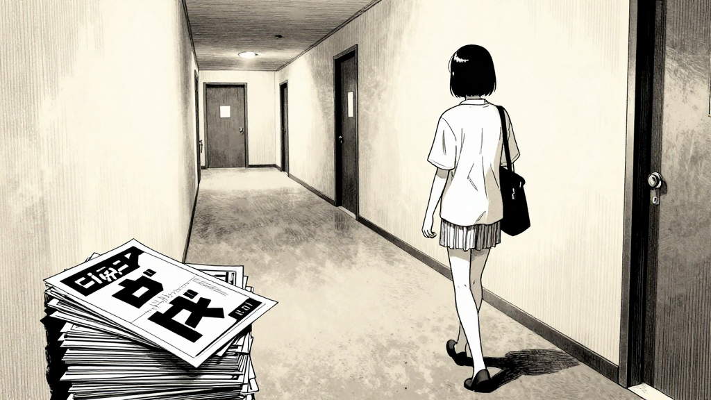 A wide shot of the upstairs hallway. Sigrún walks past a stack of strike pamphlets.