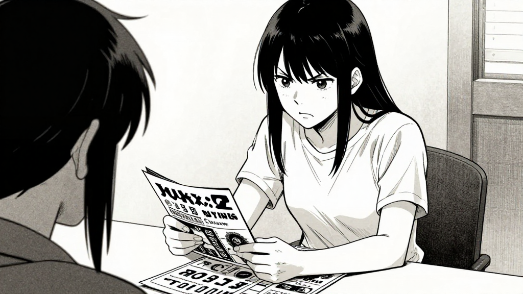 Sigrún stands over a table, flipping through strike pamphlets with frustration.